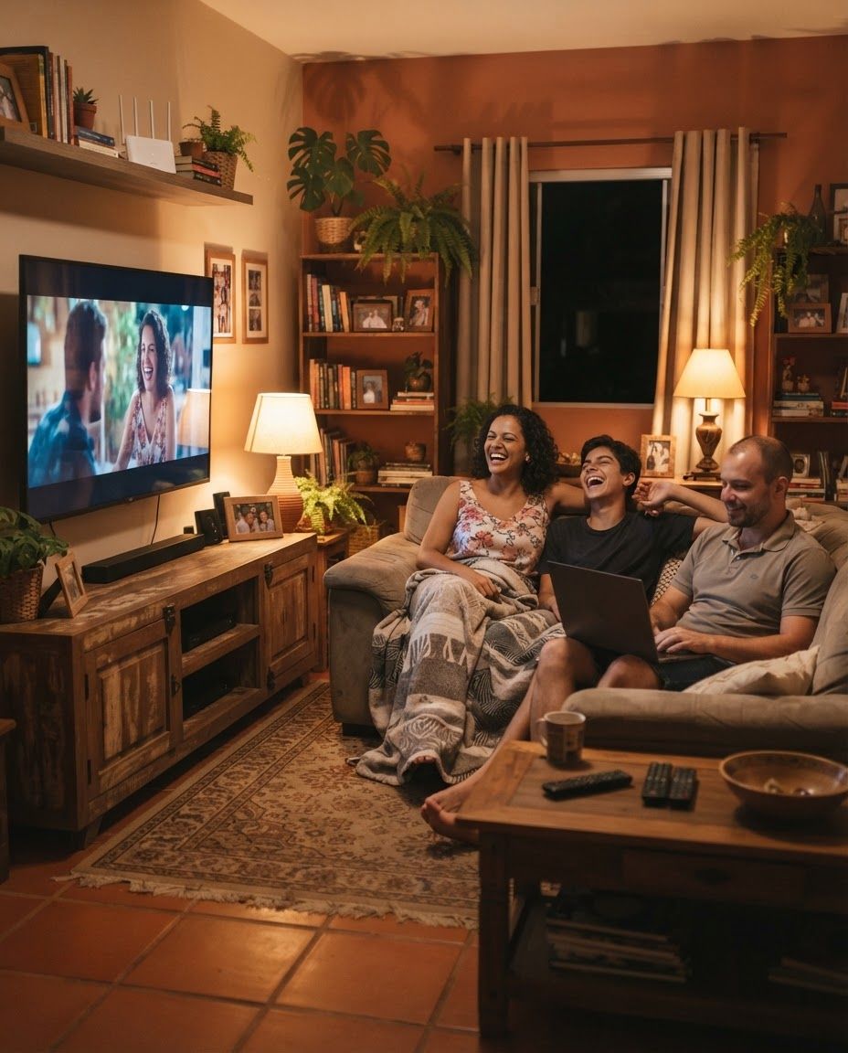 Família reunida em casa usando a internet, com a Janga Net em Cidade Ocidental